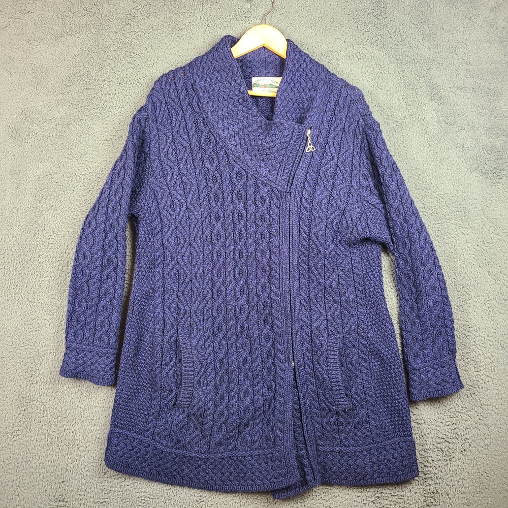 Aran Crafts Ireland Merino Wool Zip Cardigan Navy Blue XL Cable Knit Celtic Knot